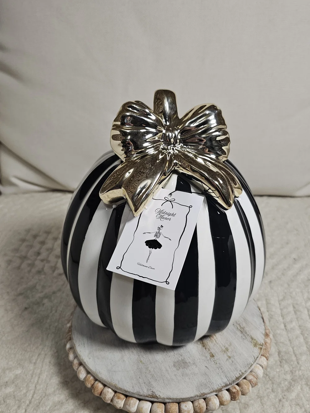 Black and White Striped Decorative Pumpkin with Gold Bow 8